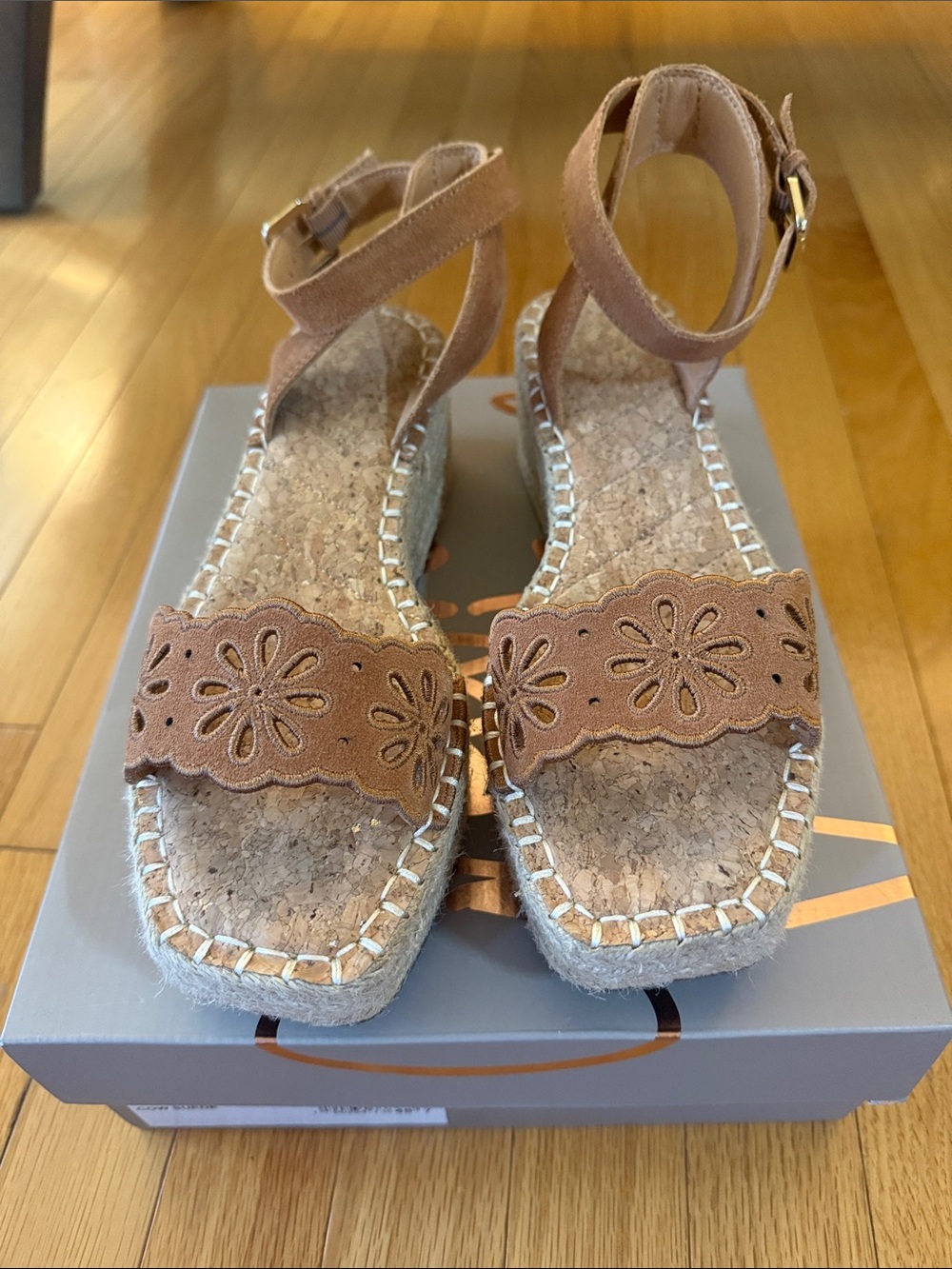 Crown Vintage Tan Suede Laser-Cut Espadrille Wedge Sandals - Picture 2 of 7